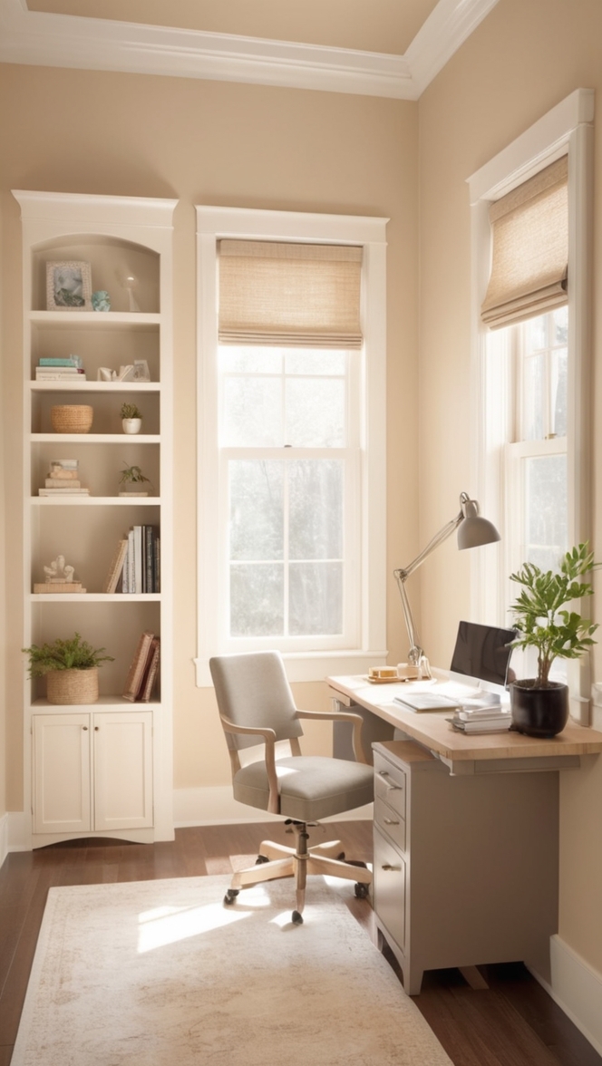 beige office decor, home office design, office aesthetics, stylish workspace, chic work environment