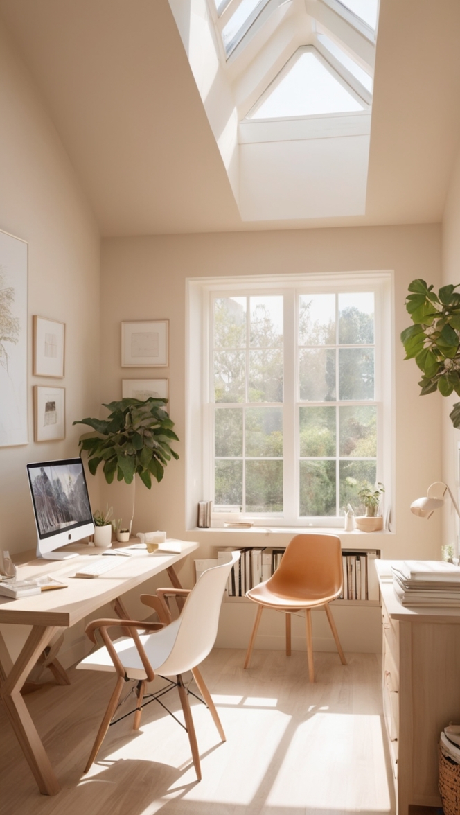 beige office decor, home office design, office aesthetics, stylish workspace, chic work environment 