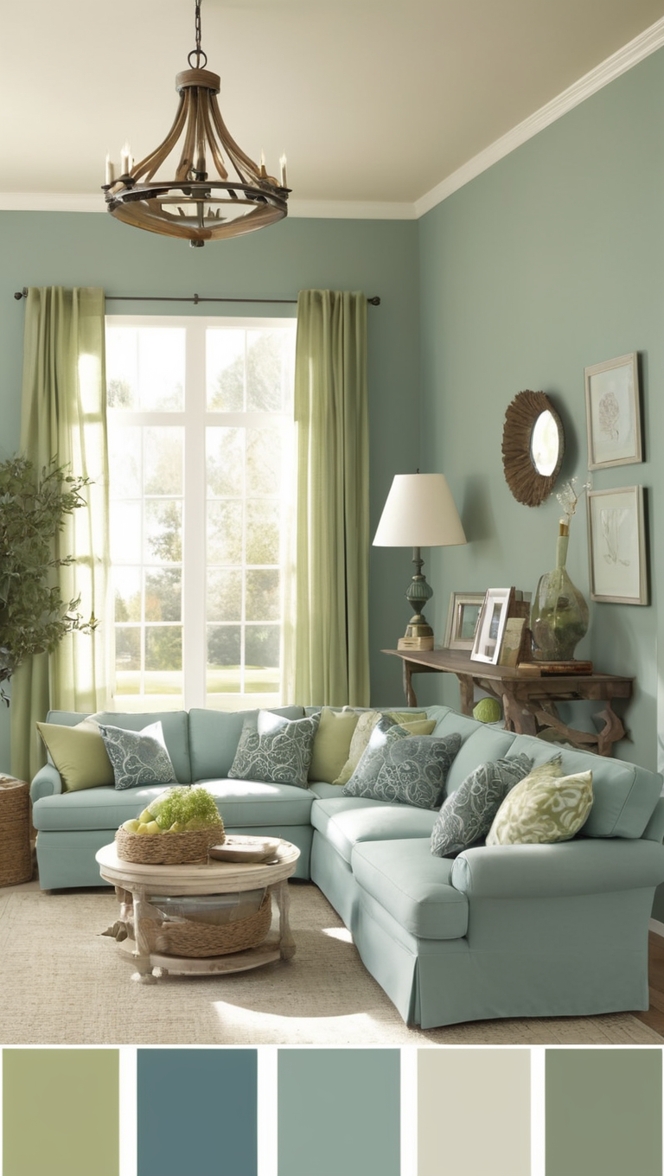 blue green living room, sage green decor, modern blue green, stylish green living, elegant blue sage