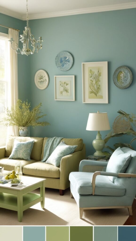 blue green living room, sage green decor, modern blue green, stylish green living, elegant blue sage