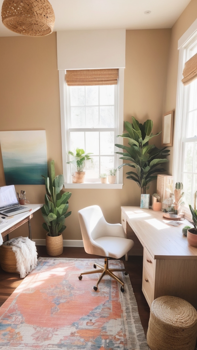 boho chic office decor, boho home office design, boho office organization, bohemian home office ideas, modern boho workspace