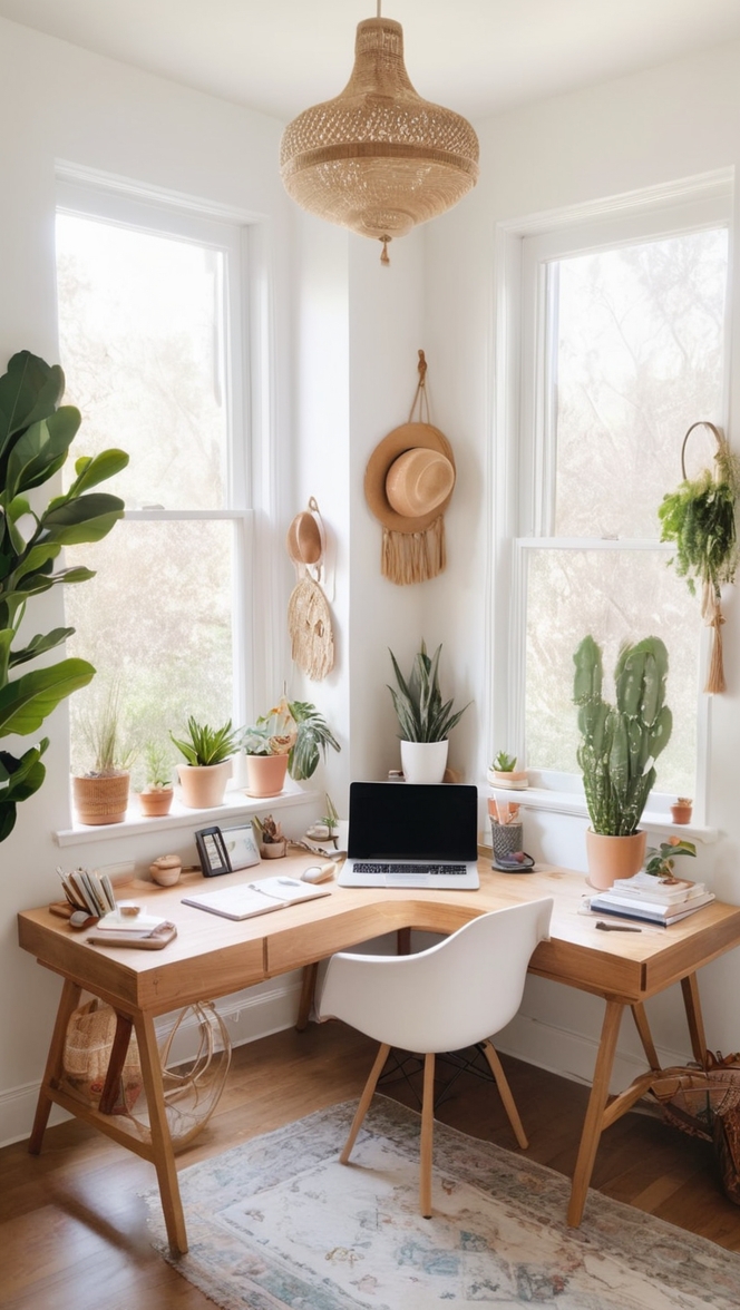 boho chic office decor, boho home office design, boho office organization, bohemian home office ideas, modern boho workspace 