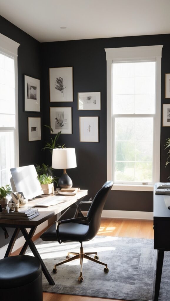 dark home decor, gothic office design, moody workspace, black office furniture, mysterious home office
