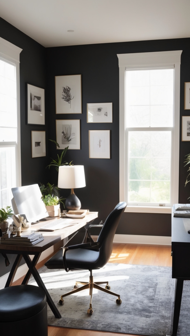 dark home decor, gothic office design, moody workspace, black office furniture, mysterious home office 