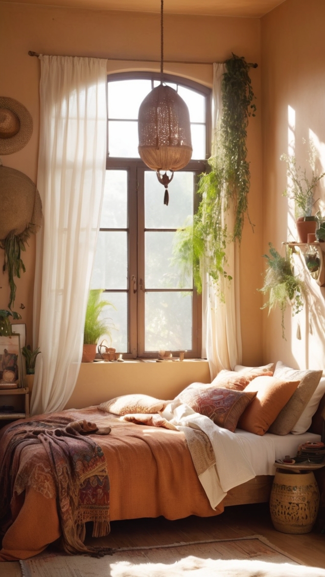 Earth tone bedroom decor, Boho style bedding, Natural home furnishings, Rustic chic bedroom, Organic bedding materials 