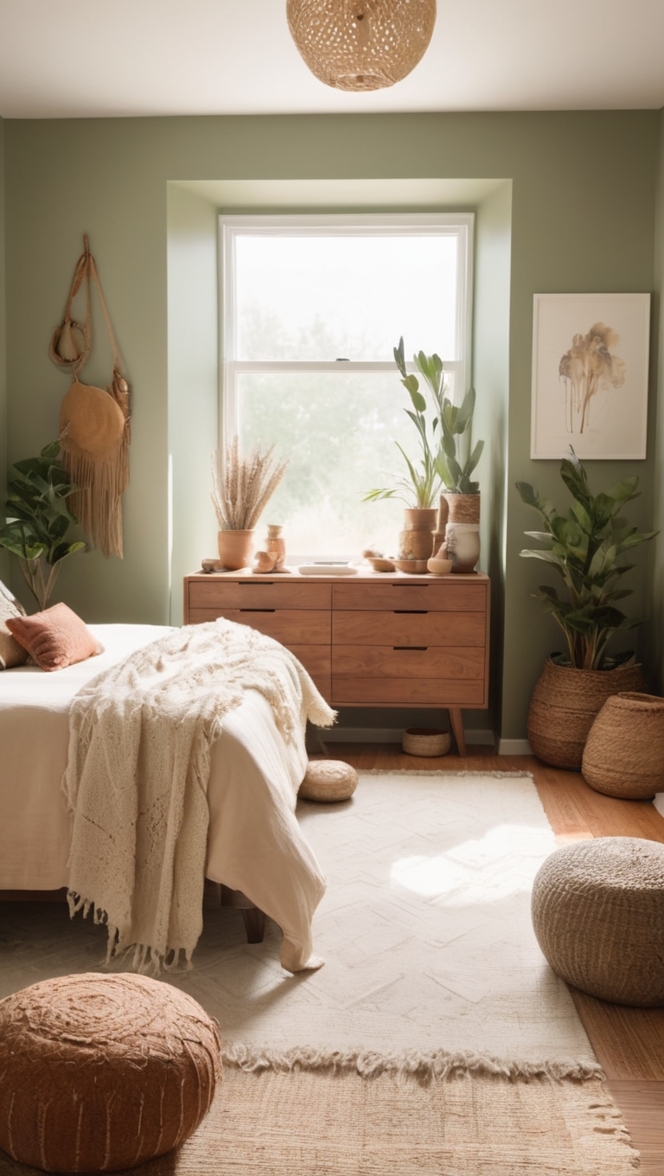 boho chic bedroom colors, earthy tone bedroom decor, nature inspired bedroom paint, rustic bohemian bedroom ideas, natural element bedroom design