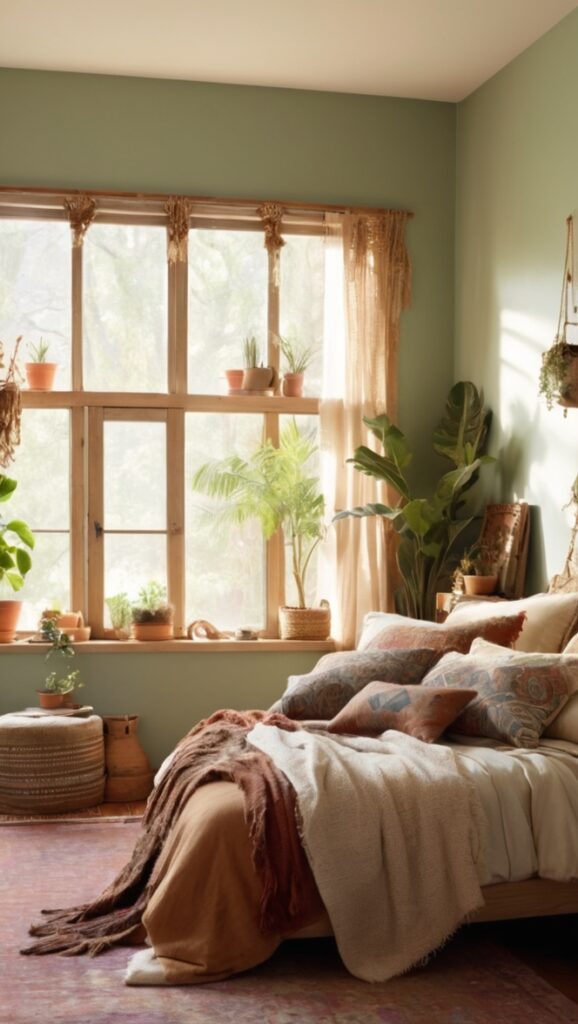boho chic bedroom colors, earthy tone bedroom decor, nature inspired bedroom paint, rustic bohemian bedroom ideas, natural element bedroom design