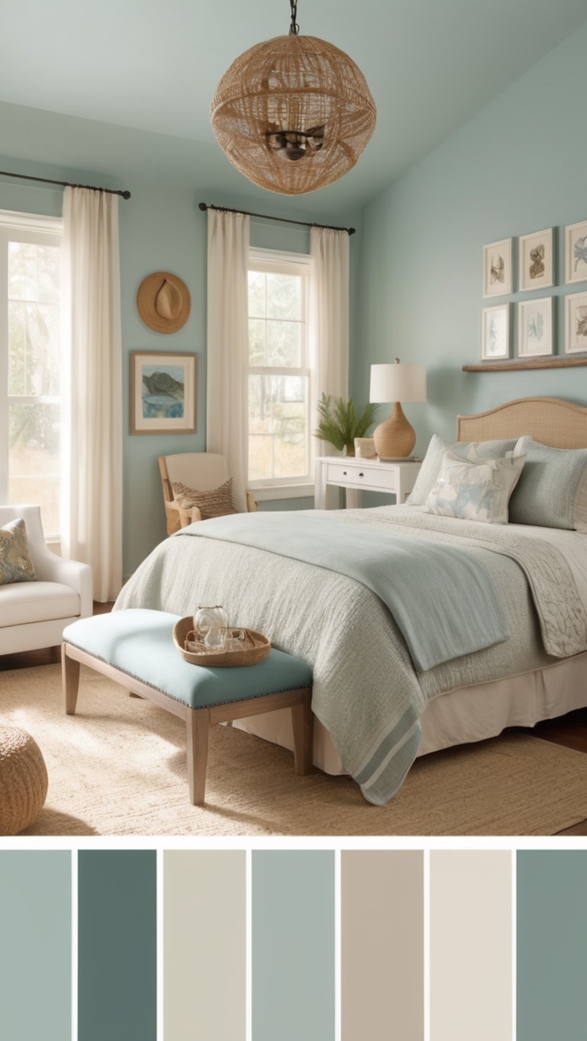 coastal decor,  beach house bedroom,  sea-inspired design,  ocean-themed room,  natural elements bedroom