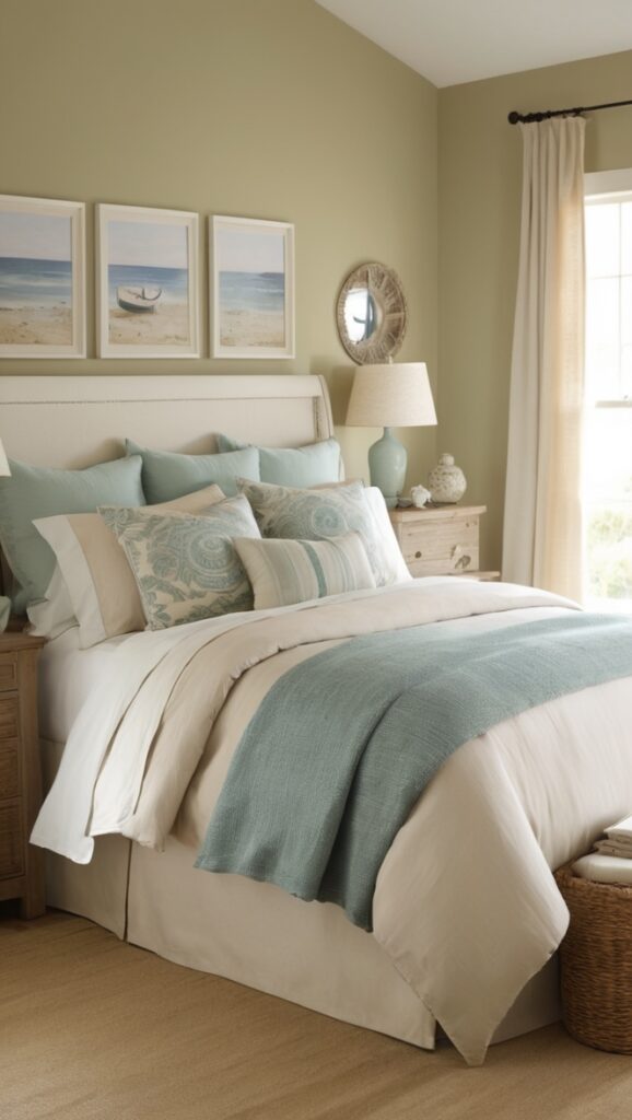 coastal decor, beach house bedroom, sea-inspired design, ocean-themed room, natural elements bedroom