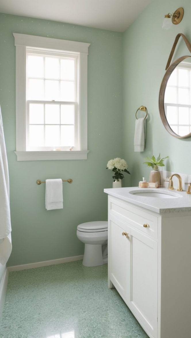 green terrazzo tile, terrazzo bathroom flooring, green terrazzo sink, terrazzo bathroom countertops, terrazzo shower walls