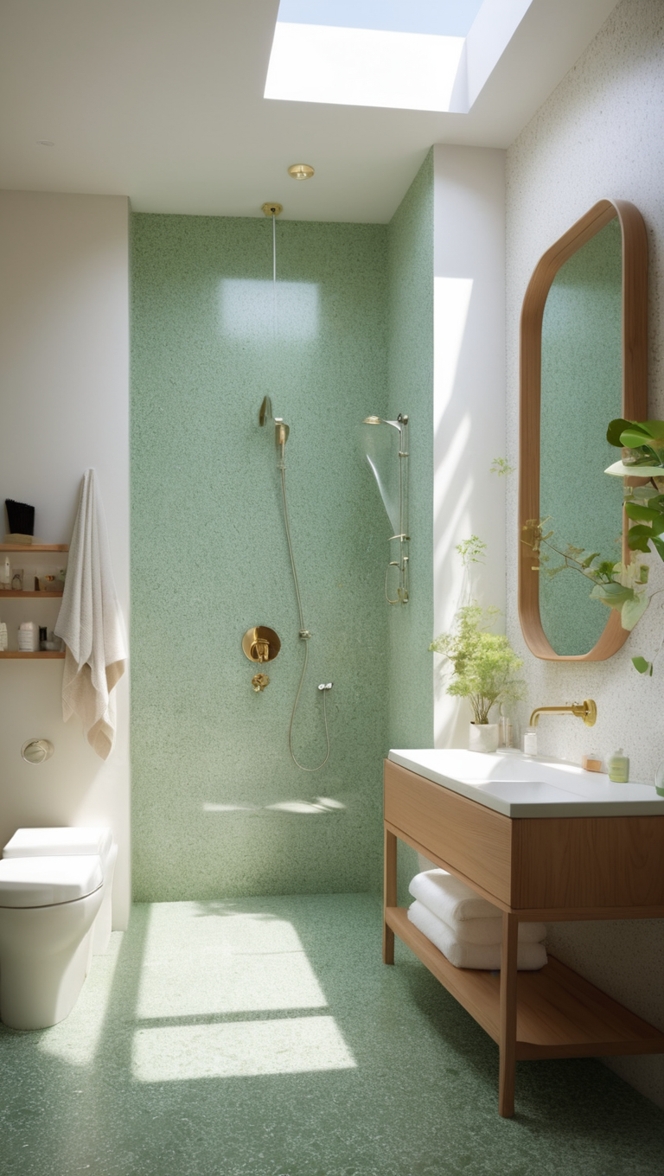 green terrazzo tile, terrazzo bathroom flooring, green terrazzo sink, terrazzo bathroom countertops, terrazzo shower walls 