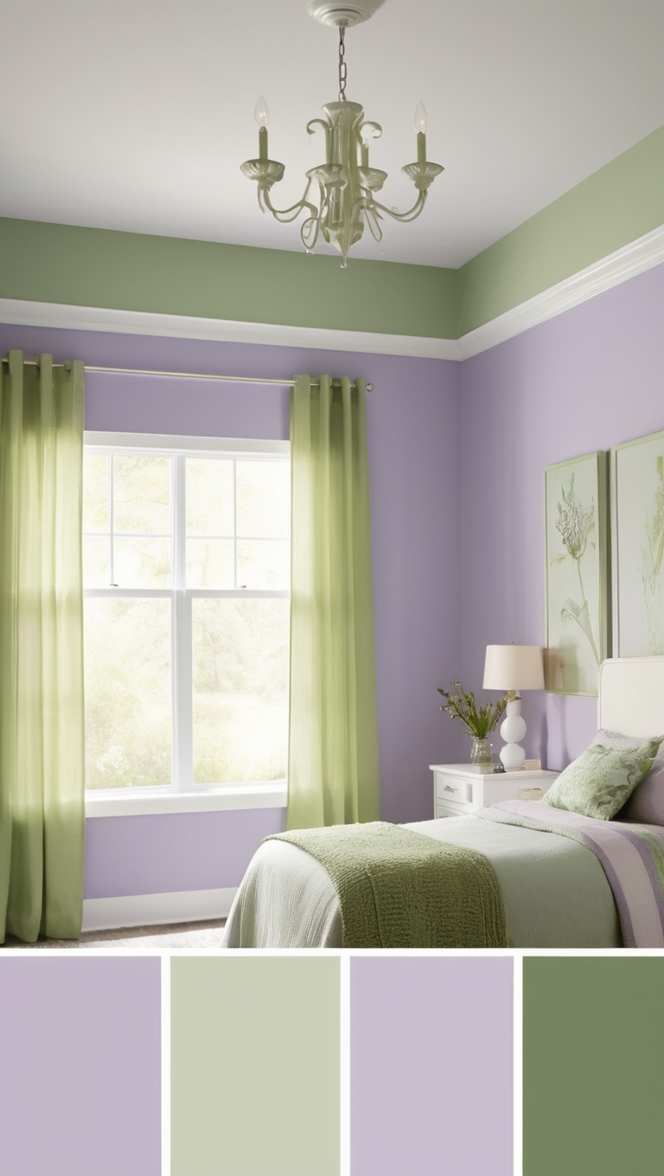 lavender paint, green bedroom decor, interior design, modern home decor, cozy bedding
