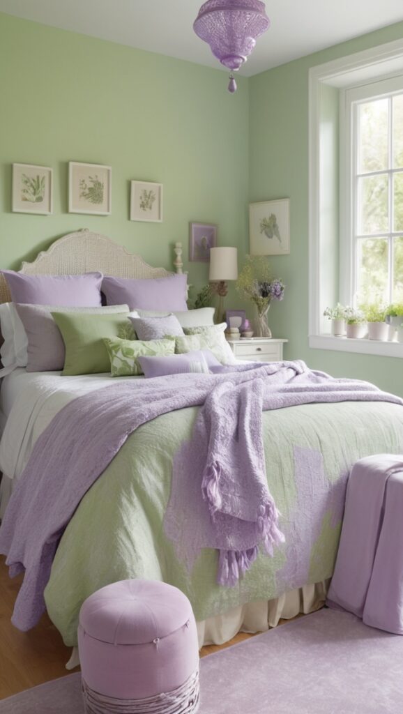 lavender paint, green bedroom decor, interior design, modern home decor, cozy bedding