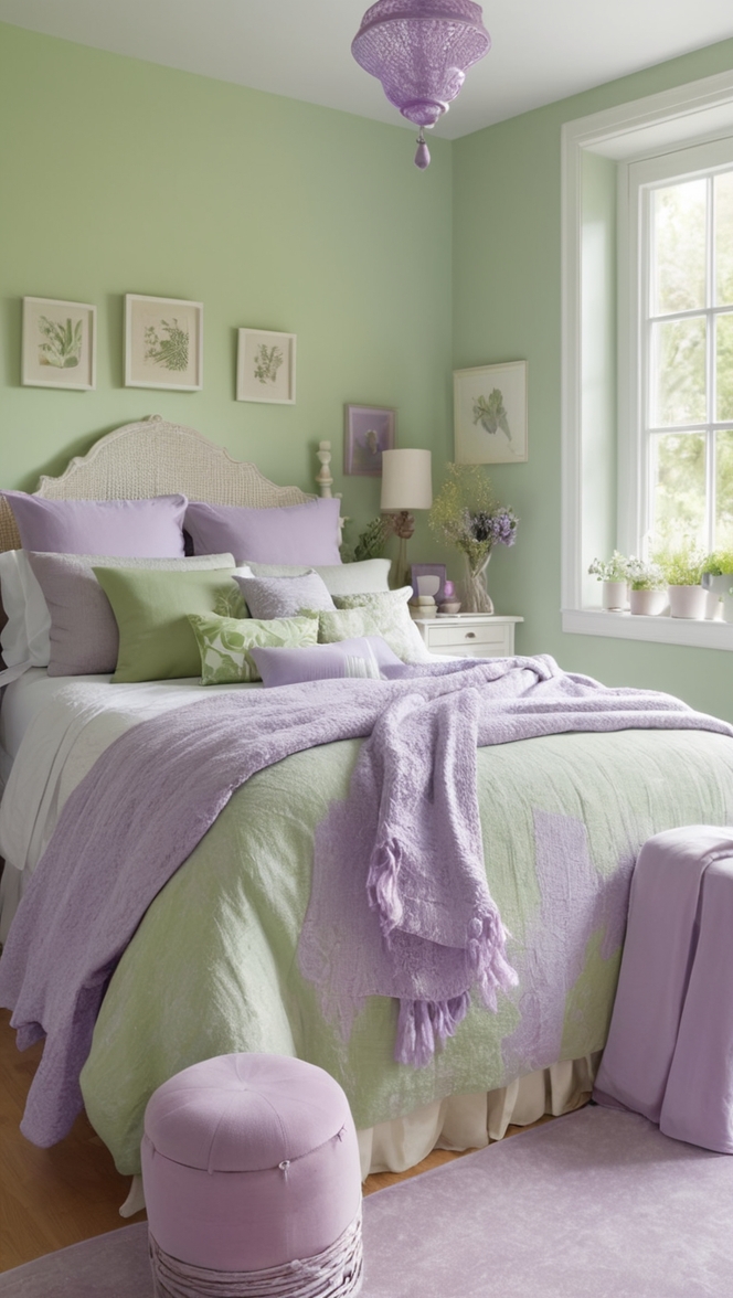 lavender paint, green bedroom decor, interior design, modern home decor, cozy bedding 