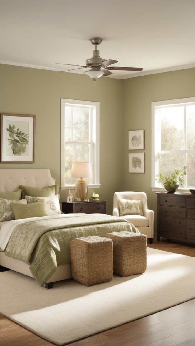 olive green decor, beige bedroom ideas, olive green bedding, beige and green room, olive green paint