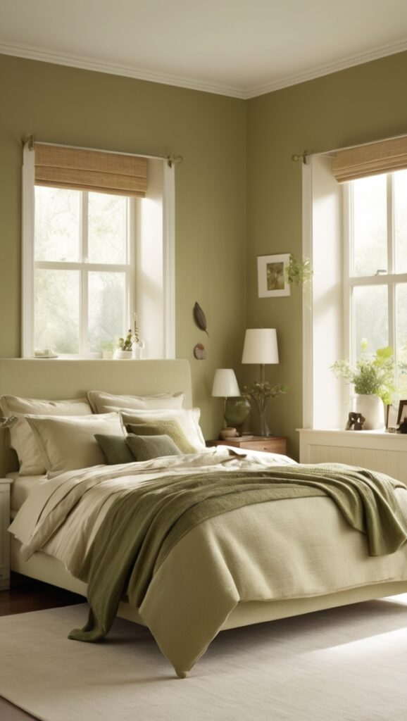 olive green decor, beige bedroom ideas, olive green bedding, beige and green room, olive green paint