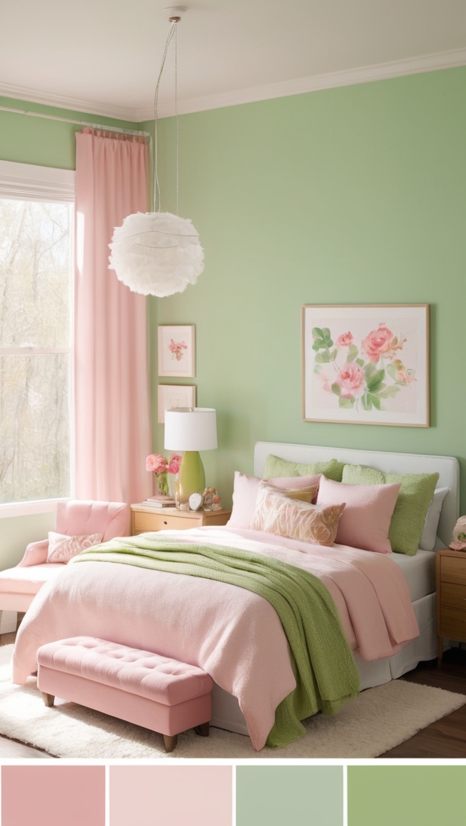 pink and green room decor, bohemian bedroom design, stylish bedroom ideas, trendy bedroom interior, chic room inspiration