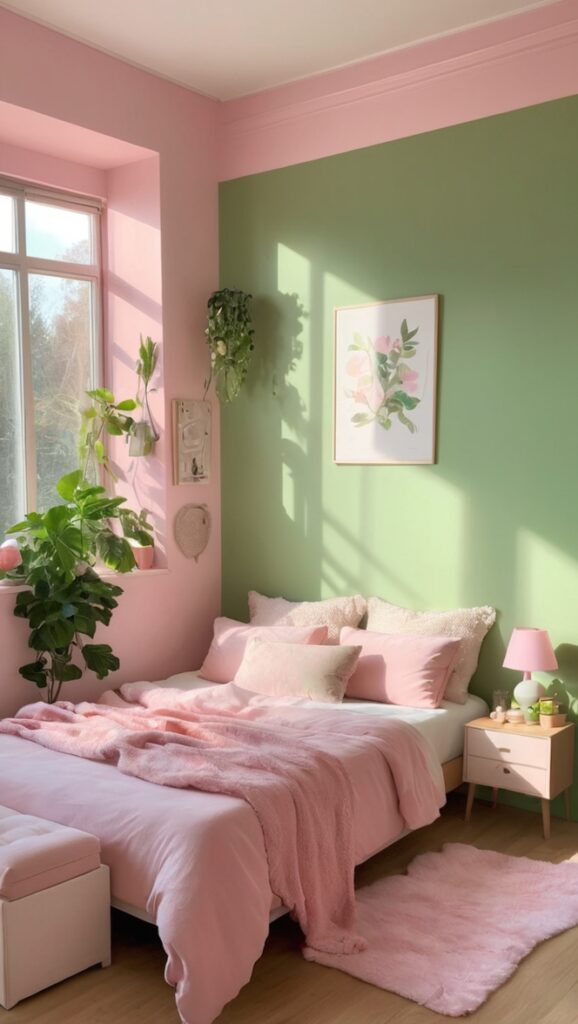 pink and green room decor, bohemian bedroom design, stylish bedroom ideas, trendy bedroom interior, chic room inspiration