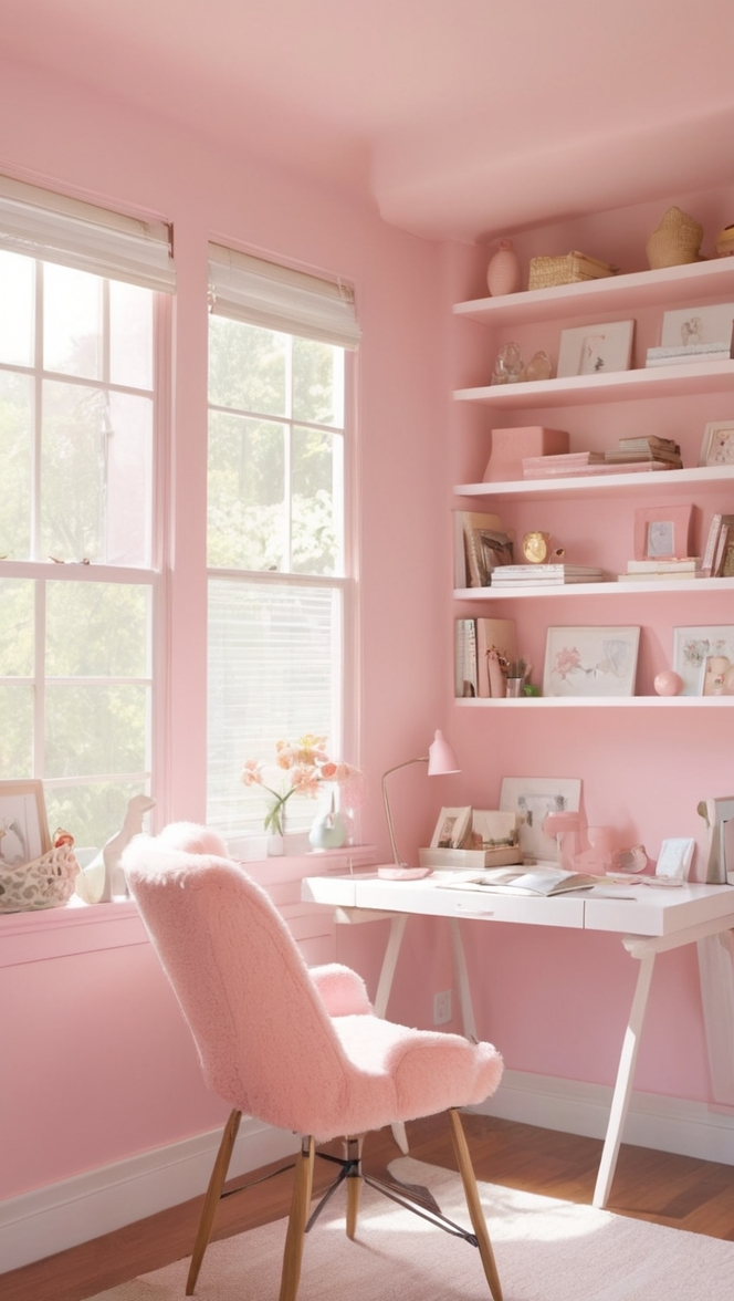 pink home office decor, pink home office design, feminine home office decor, blush pink office accessories, pink office storage dolls