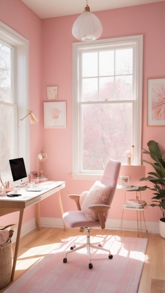 pink home office decor, pink home office design, feminine home office decor, blush pink office accessories, pink office storage dolls