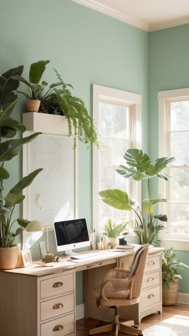 office plants, indoor plant decor, home office greenery, plant-filled workspace, modern office plants