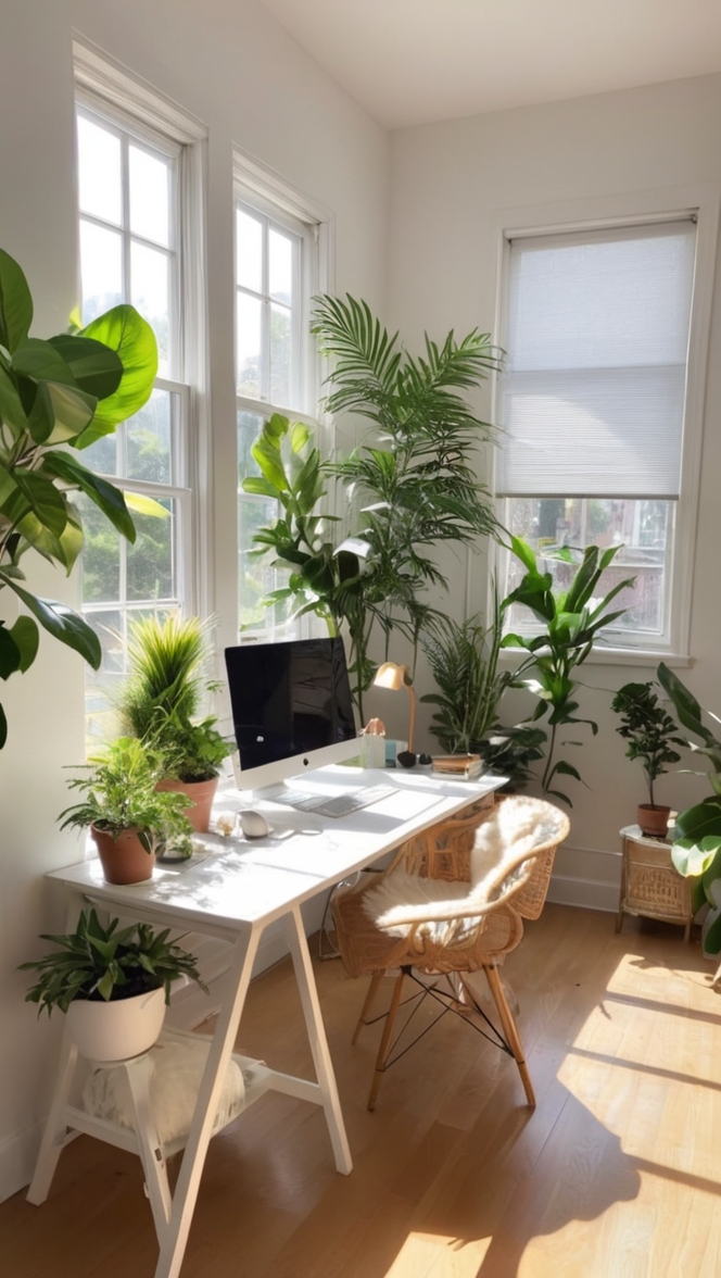 office plants, indoor plant decor, home office greenery, plant-filled workspace, modern office plants 