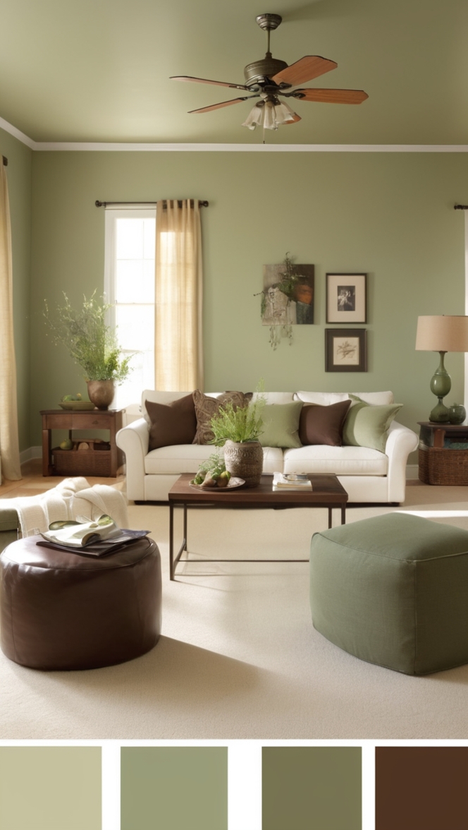 sage green paint colors, brown living room decor, green and brown color scheme, sage green furniture, neutral living room palette