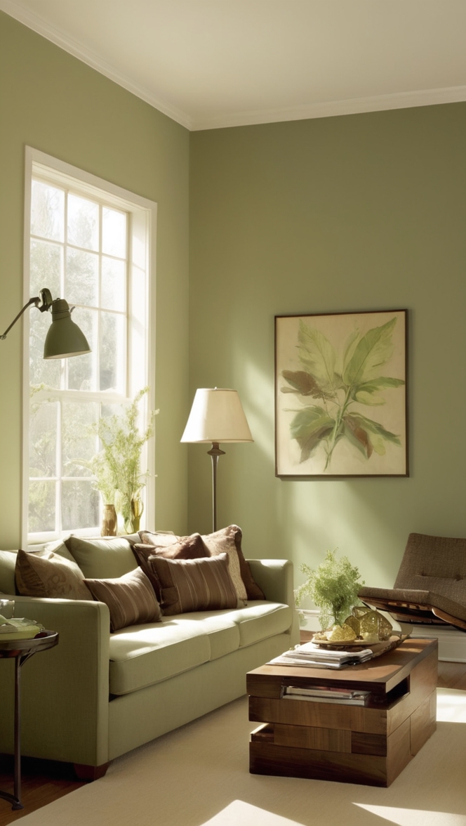 sage green paint colors, brown living room decor, green and brown color scheme, sage green furniture, neutral living room palette 