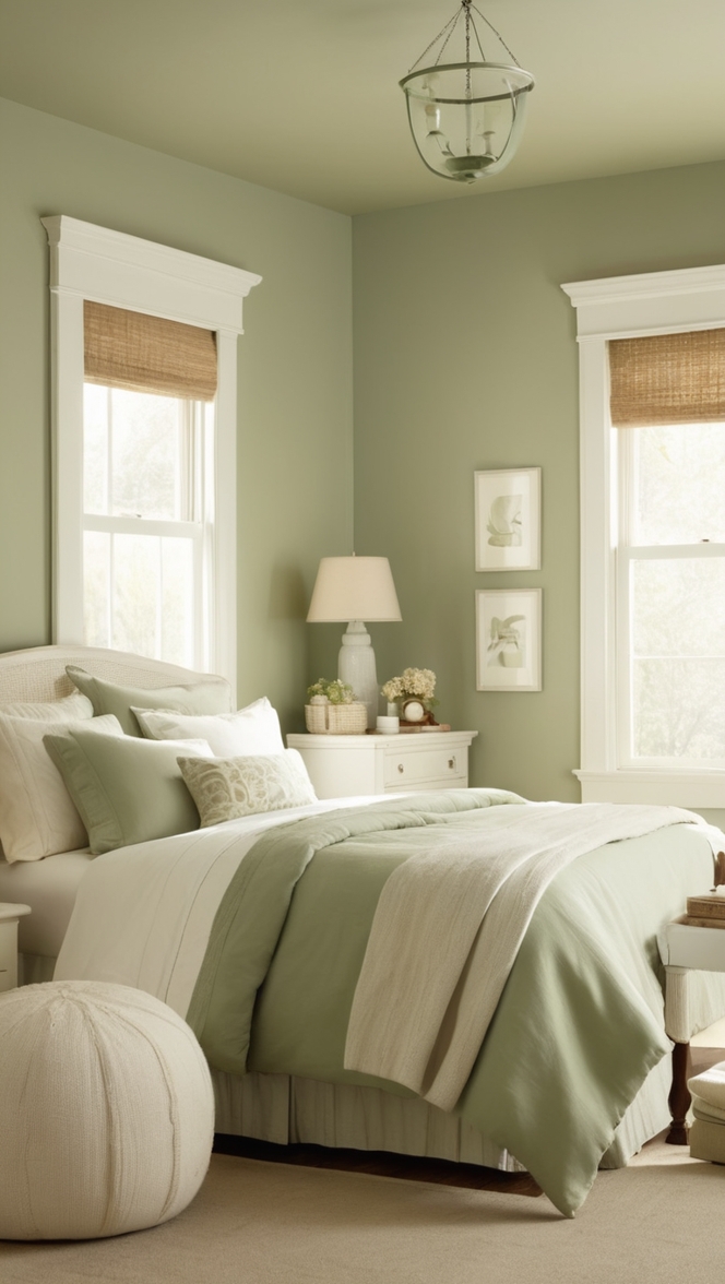 sage green decor, cream bedding, bedroom design, home decorations, interior styling