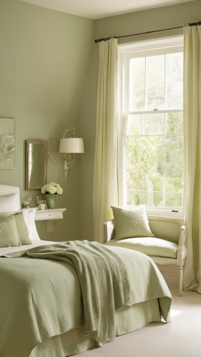 sage green decor, cream bedding, bedroom design, home decorations, interior styling 