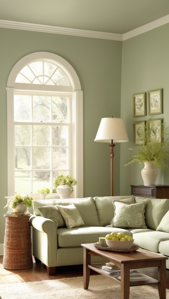 cottage style living room, sage green decor, cozy cottage living, rustic cottage decor, vintage cottage style