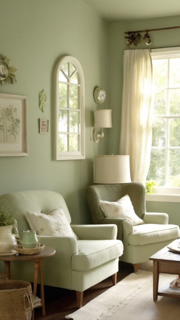 cottage style living room, sage green decor, cozy cottage living, rustic cottage decor, vintage cottage style