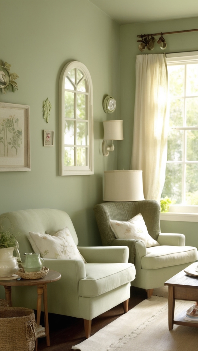 cottage style living room, sage green decor, cozy cottage living, rustic cottage decor, vintage cottage style 