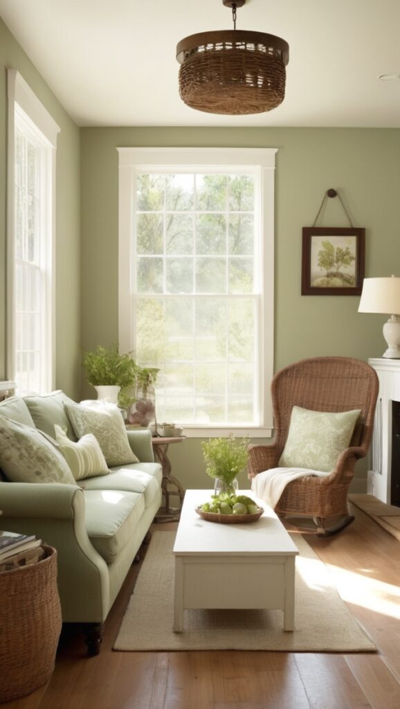 farmhouse decor, sage green furniture, rustic living room, vintage home accessories, shabby chic style