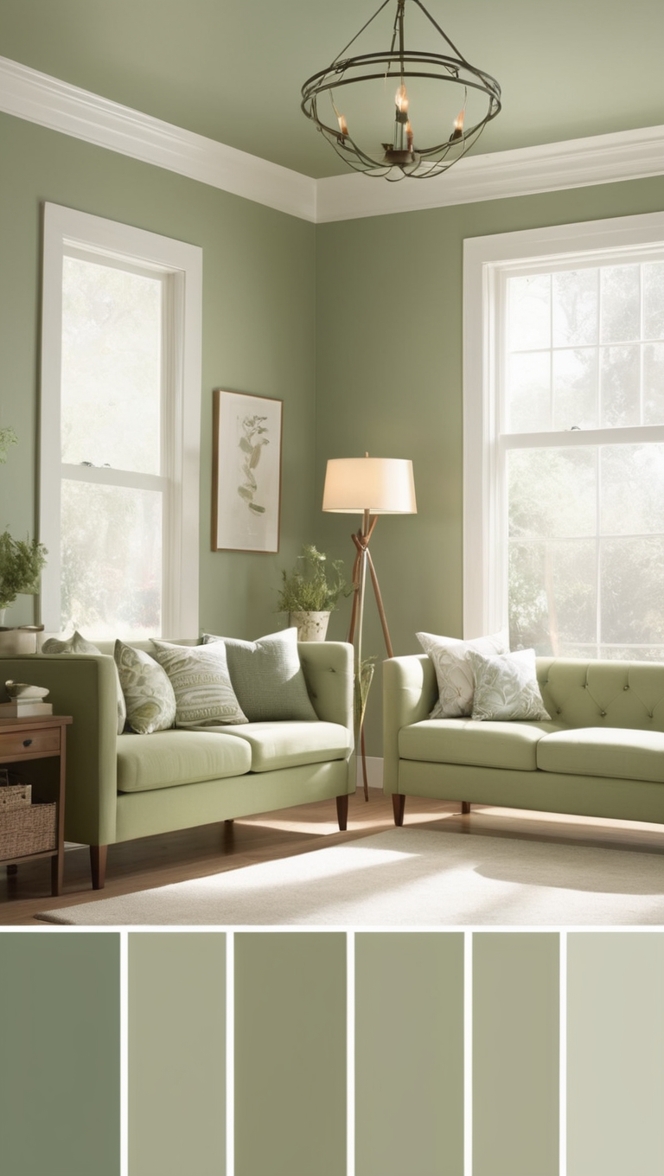 sage green decor, green living room design, elegant home decor, natural living room colors, sophisticated interior design