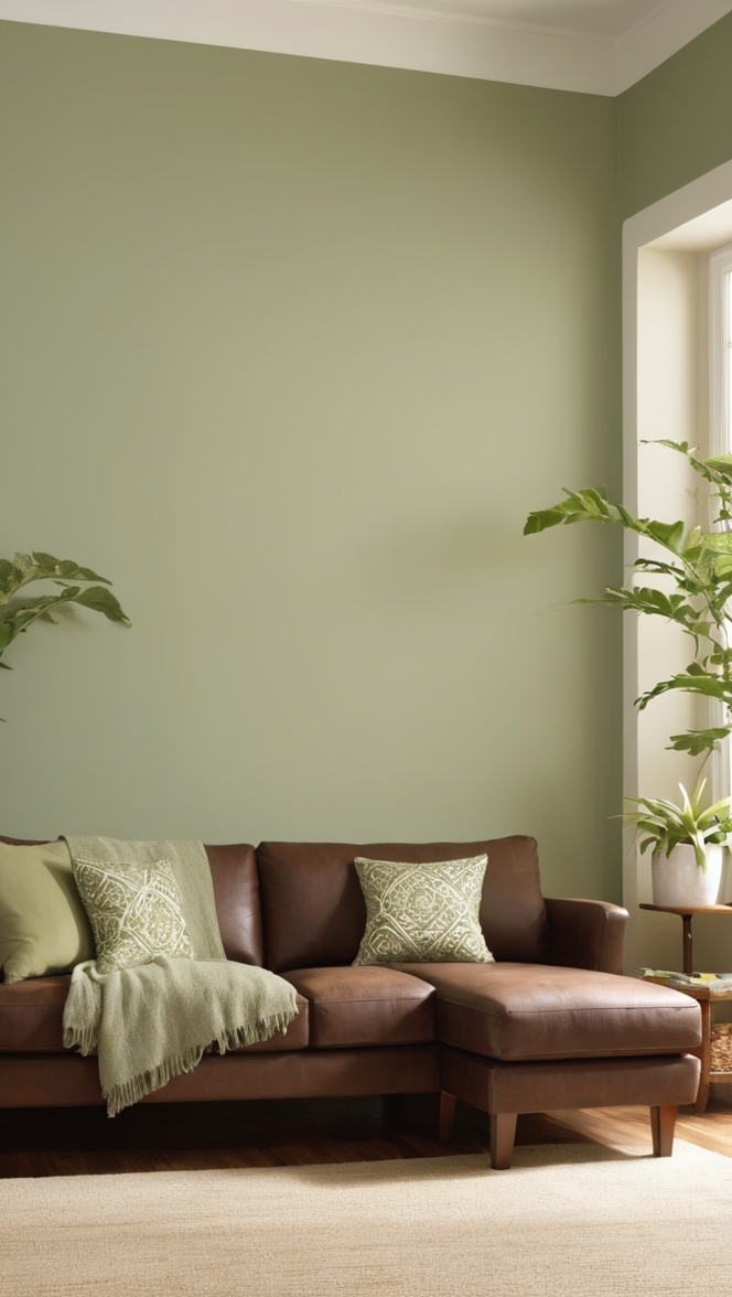 sage green sofa, brown couch, living room decor, home design, interior decorating