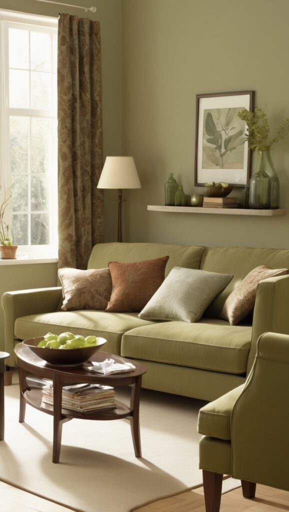 sage green sofa, brown couch, living room decor, home design, interior decorating