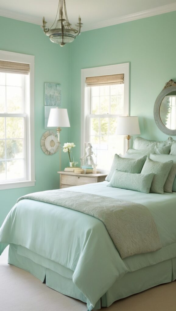 seafoam green paint, seafoam green furniture, seafoam green decor, seafoam green walls, seafoam green bedding