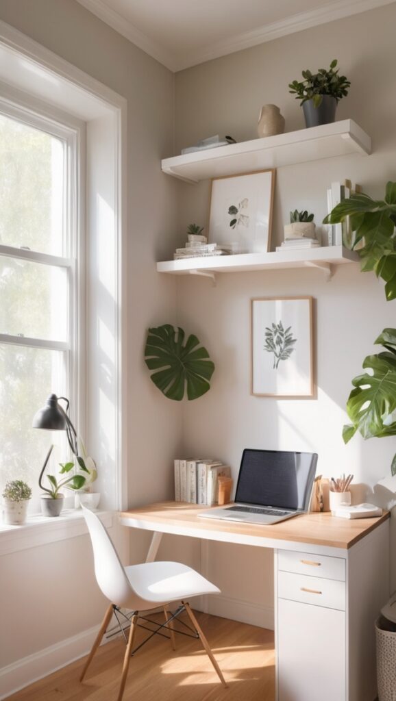 home office design, minimalist workspace, cozy home office, modern work environment, chic office decor