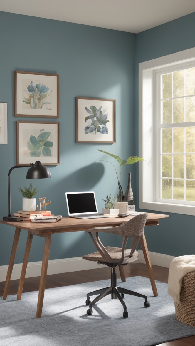 small office decor, home office design, modern workspace, cozy work environment, minimalist home office