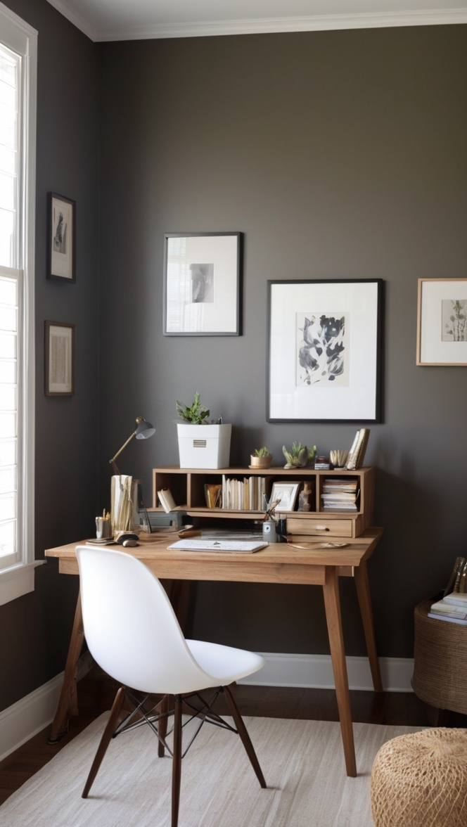 small office decor, home office design, modern workspace, cozy work environment, minimalist home office 