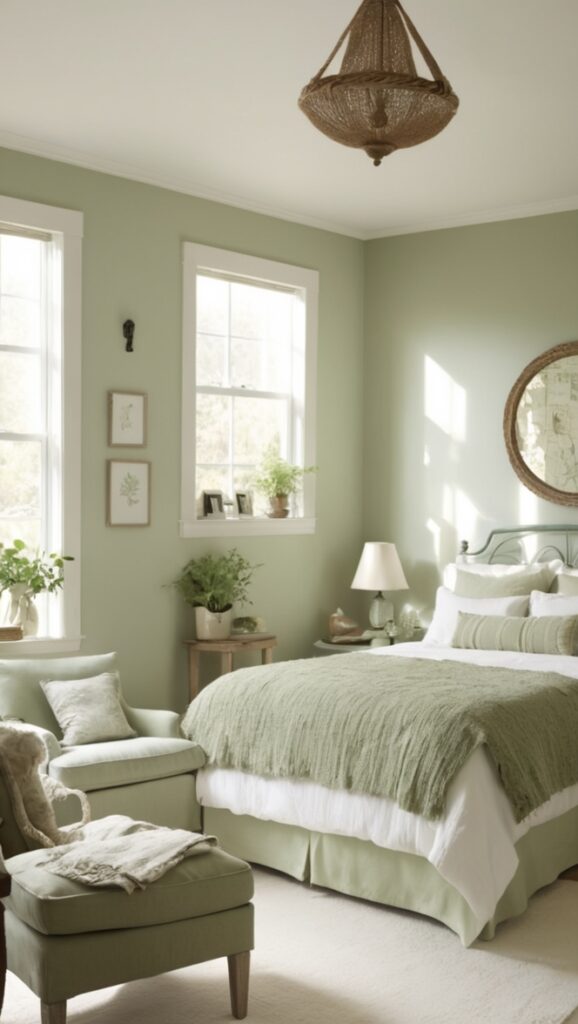 white bedroom decor, sage green paint colors, luxury bedding sets, minimalist bedroom design, contemporary bedroom furniture