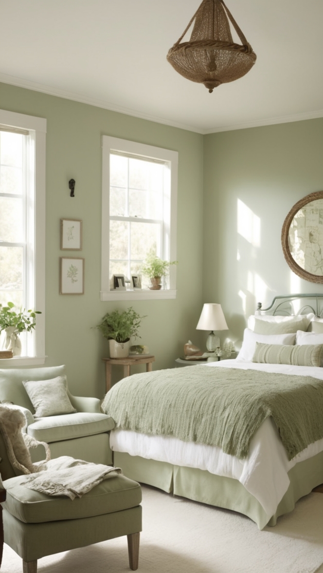 white bedroom decor, 
sage green paint colors, 
luxury bedding sets, 
minimalist bedroom design, 
contemporary bedroom furniture 