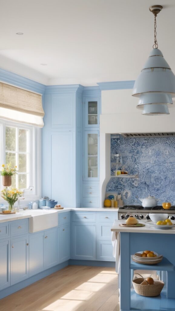 blue kitchen design, white kitchen cabinets, modern blue kitchen, blue and white decor, elegant white kitchen