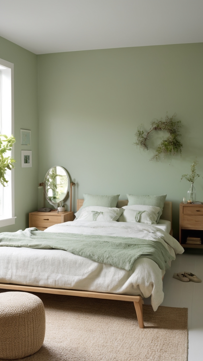 light green bedroom decor, light sage green paint, sage green bedroom ideas, sage green bedroom walls, light sage green bedding 