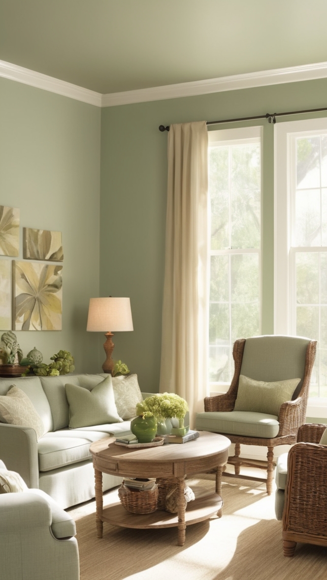 sage green decor ideas, sage green living room inspiration, sage green color palette, sage green furniture, sage green accent wall