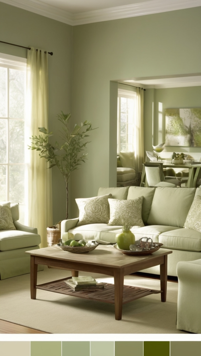sage green decor ideas, sage green living room inspiration, sage green color palette, sage green furniture, sage green accent wall 