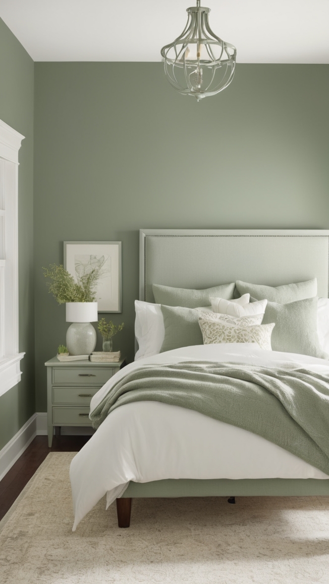 sage green bedding 
grey bedroom furniture 
modern green bedroom 
gray and green decor 
sage green walls