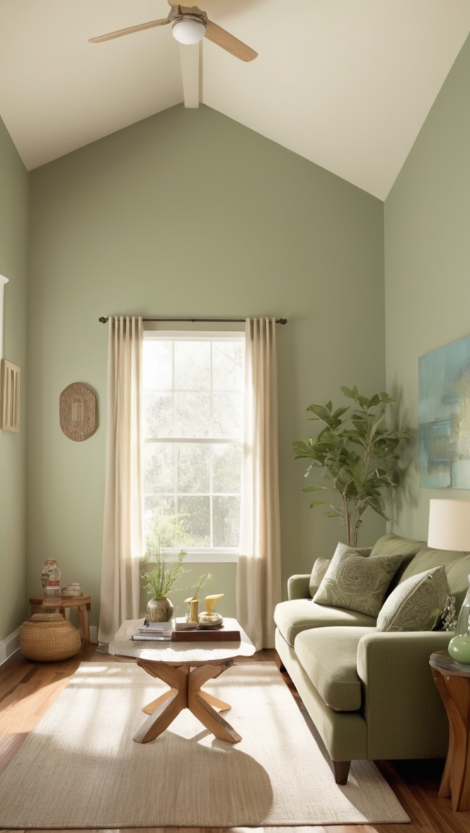 sage green sofa, sage green decor, oak wood furniture, modern sage green, rustic oak living room