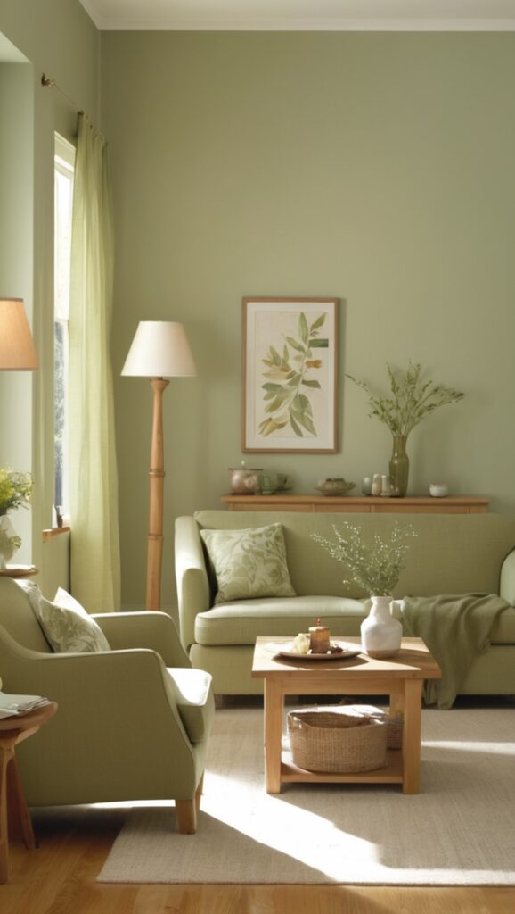 sage green sofa, sage green decor, oak wood furniture, modern sage green, rustic oak living room